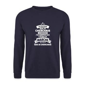 tshirt marche humour c'est la marche que cherchais - Sweat-shirt Unisexe - marine - Devant - Alina (178cm) & Michal (187cm)