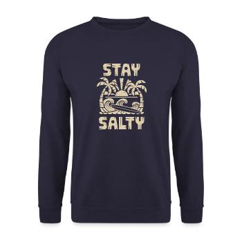 Stay Salty: Palmen, Wellen & Surfbrett - Unisex Pullover - Navy - Vorne - Alina (178cm) & Michal (187cm)