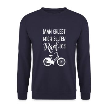 Man erlebt mich selten Rad los mit Fahrrad - Unisex Pullover - Navy - Vorne - Alina (178cm) & Michal (187cm)