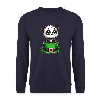 St. Patrick's Day Panda mit Zylinder und Kleeblatt - Unisex Pullover - Navy - Vorne - Alina (178cm) & Michal (187cm)