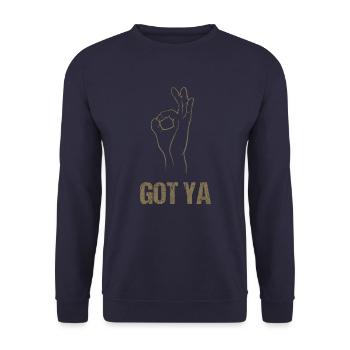 Reingeguckt" Handspiel - Klassischer Got - Unisex Pullover - Navy - Vorne - Alina (178cm) & Michal (187cm)