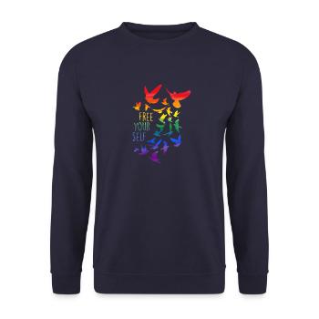 pigeons, oiseaux, troupeaux d’oiseaux, colorés, graffitis, lgtb, gratuit - Sweat-shirt Unisexe - marine - Devant - Alina (178cm) & Michal (187cm)