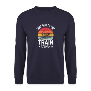 Vintage Train T-Shirt für Eisenbahnliebhaber - Unisex Pullover - Navy - Vorne - Alina (178cm) & Michal (187cm)