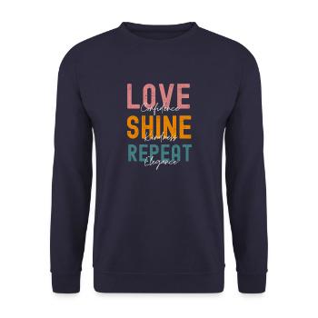 Women's affirmation t shirt "Love Shine Repeat" - Unisex Sweatshirt - navy - Front - Alina (178cm) & Michal (187cm)
