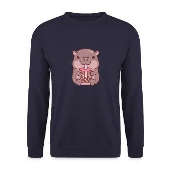 Hippopotame mignon buvant du thé à bulles - Sweat-shirt Unisexe - marine - Devant - Alina (178cm) & Michal (187cm)