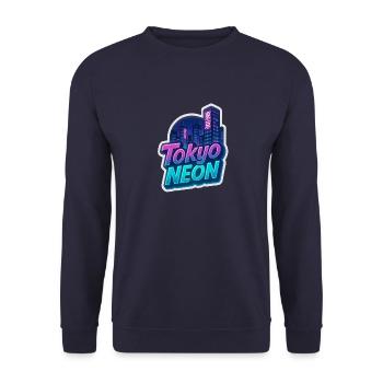 Tokyo Neon – Vaporwave Skyline Aufkleber - Unisex Pullover - Navy - Vorne - Alina (178cm) & Michal (187cm)