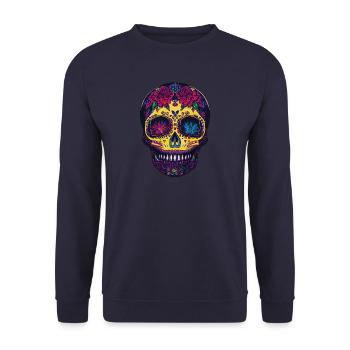 Zucker Totenkopf Maske, Tag der Toten mit Blumen - Unisex Pullover - Navy - Vorne - Alina (178cm) & Michal (187cm)