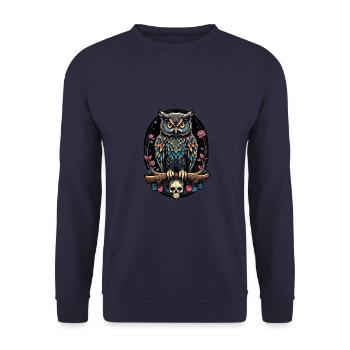 Dekorative bunte Eule mit Schädel - Unisex Pullover - Navy - Vorne - Alina (178cm) & Michal (187cm)