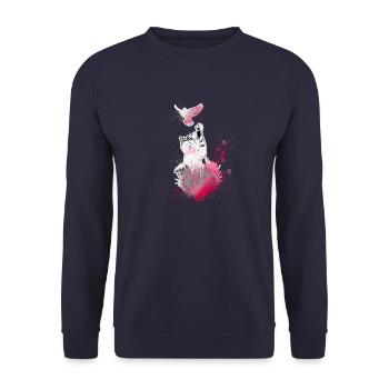 cat, pink,watercolor, painting,graffiti,deaf,bird - Unisex Sweatshirt - navy - Front - Alina (178cm) & Michal (187cm)