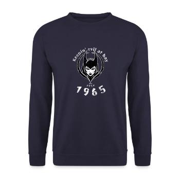 60. Geburtstag Keepin evil at bay since 07/1965 - Unisex Sweatshirt - navy - Front - Alina (178cm) & Michal (187cm)