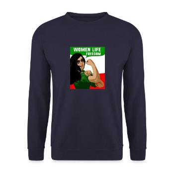 women life freedom,iran,free women, free iran,woman - Unisex Sweatshirt - navy - Front - Alina (178cm) & Michal (187cm)