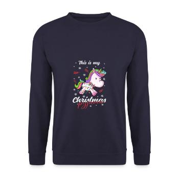 Einhorn Pyjama Weihnachten Schlafen - Unisex Pullover - Navy - Vorne - Alina (178cm) & Michal (187cm)