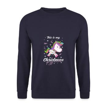 Einhorn Pyjama Weihnachten Schlafen - Unisex Pullover - Navy - Vorne - Alina (178cm) & Michal (187cm)