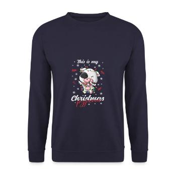 Kuh Pyjama Weihnachten Schlafen - Unisex Pullover - Navy - Vorne - Alina (178cm) & Michal (187cm)