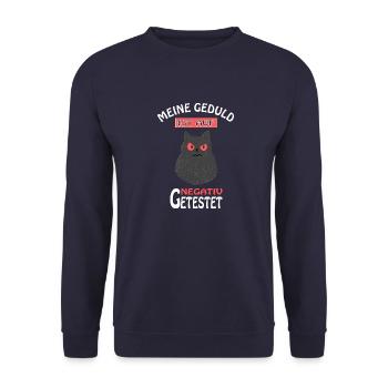 Meine Geduld ist auf negativ getestet Katze Spruch - Unisex Pullover - Navy - Vorne - Alina (178cm) & Michal (187cm)