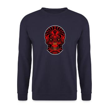 Stammesschädel Schwarz Rot Stammesschädel Stammes Tattoo - Unisex Pullover - Navy - Vorne - Alina (178cm) & Michal (187cm)