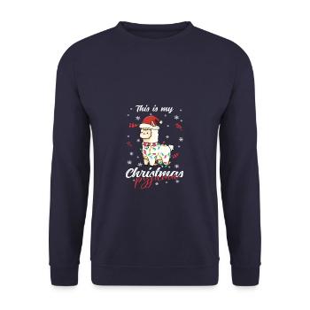 Lama Pyjama Weihnachten Schlafen - Unisex Pullover - Navy - Vorne - Alina (178cm) & Michal (187cm)