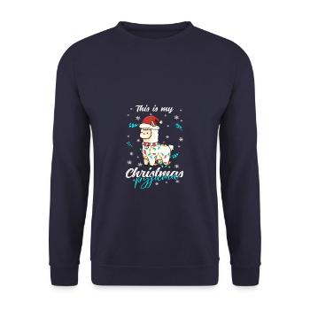 Lama Pyjama Weihnachten Schlafen - Unisex Pullover - Navy - Vorne - Alina (178cm) & Michal (187cm)