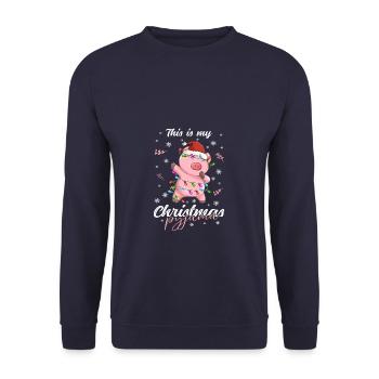 Schwein Pyjama Weihnachten Schlafen - Unisex Pullover - Navy - Vorne - Alina (178cm) & Michal (187cm)