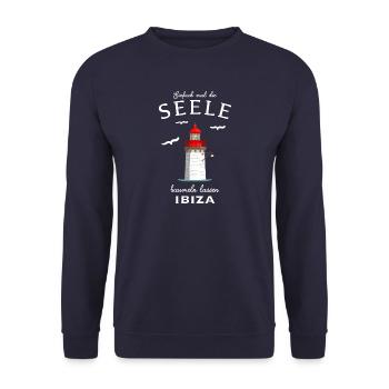 Ibiza , Leuchtturm im Hafen, Seele baumeln lassen - Unisex Pullover - Navy - Vorne - Alina (178cm) & Michal (187cm)