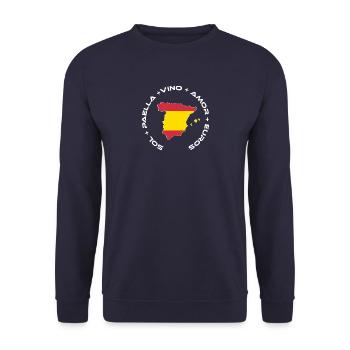 Spanien | Sol, Paella, Vino, Amor und Euros - Unisex Pullover - Navy - Vorne - Alina (178cm) & Michal (187cm)