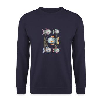Bunte Fische - Aquarium, Meeresbewohner - Unisex Pullover - Navy - Vorne - Alina (178cm) & Michal (187cm)