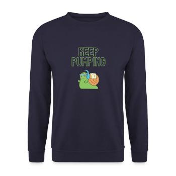 "Keep Pumping" - Schnecken-Design - Unisex Pullover - Navy - Vorne - Alina (178cm) & Michal (187cm)
