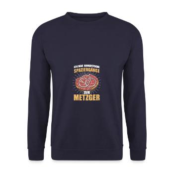 Romantische Spaziergänge zum Metzger Mett - Unisex Pullover - Navy - Vorne - Alina (178cm) & Michal (187cm)