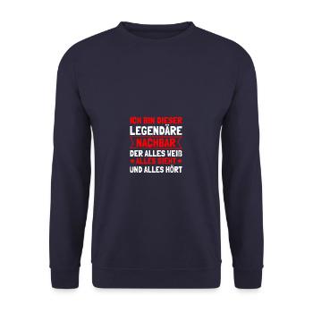Nachbar der alles weiß Nachbarn Nachbarschaft - Unisex Pullover - Navy - Vorne - Alina (178cm) & Michal (187cm)