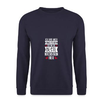 Die beste Nachbarin Lieblingsnachbarin Einzug - Unisex Pullover - Navy - Vorne - Alina (178cm) & Michal (187cm)