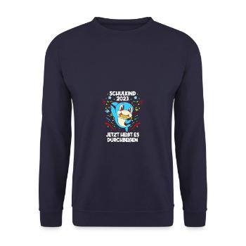 Einschulung 2023 Hai Schulkind Schuleinführung - Unisex Pullover - Navy - Vorne - Alina (178cm) & Michal (187cm)