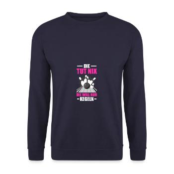 Die tut nix kegeln Kegel Kegler Sportkegler - Unisex Pullover - Navy - Vorne - Alina (178cm) & Michal (187cm)