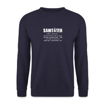 Sanitäter Shirt · Die erste Person · Job Geschenk - Unisex Pullover - Navy - Vorne - Alina (178cm) & Michal (187cm)