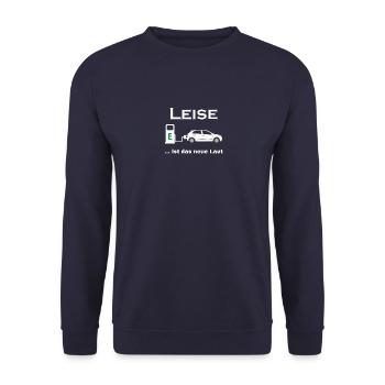 LEISE ist das neue LAUT - E-Mobilität, E-Auto, EV - Unisex Pullover - Navy - Vorne - Alina (178cm) & Michal (187cm)