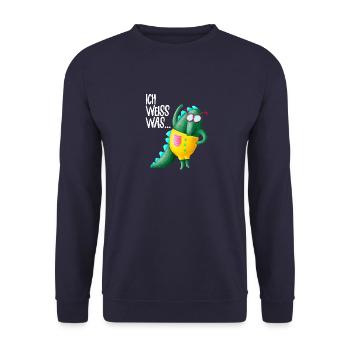 Ich weiss was | Schüler Krokodil lustiger Drache - Unisex Pullover - Navy - Vorne - Alina (178cm) & Michal (187cm)