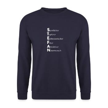 Vorname Stefan Namensbeschreibung Spruch Geschenk - Unisex Pullover - Navy - Vorne - Alina (178cm) & Michal (187cm)