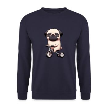 Funny Pug on Tricycle Bizarre Dog Running - Unisex Sweatshirt - navy - Front - Alina (178cm) & Michal (187cm)
