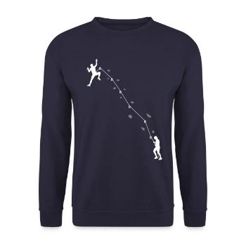 Kletterer klettert an einer Felswand | Klettern - Unisex Pullover - Navy - Vorne - Alina (178cm) & Michal (187cm)