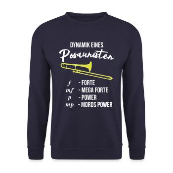 Lustiges Posaune Design, Dynamik eines Posaunisten - Unisex Pullover - Navy - Vorne - Alina (178cm) & Michal (187cm)