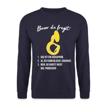 Lustiges Sousaphon Design Bevor du fragst Geschenk - Unisex Pullover - Navy - Vorne - Alina (178cm) & Michal (187cm)