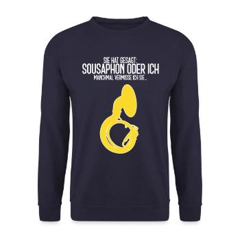 Lustiges Sousaphon Geschenk Sie hat gesagt... - Unisex Pullover - Navy - Vorne - Alina (178cm) & Michal (187cm)