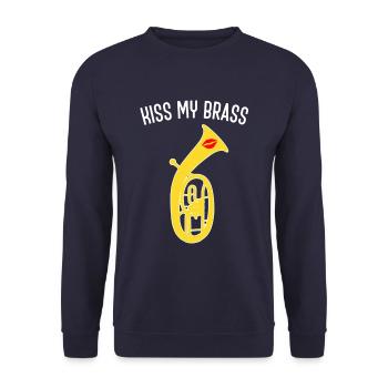 Lustiges Tenorhorn Design Kiss my brass, Blasmusik - Unisex Pullover - Navy - Vorne - Alina (178cm) & Michal (187cm)