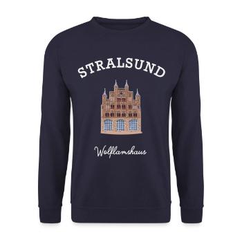 Stralsund Wahrzeichen Wolflamshaus, Zeichnung - Unisex Pullover - Navy - Vorne - Alina (178cm) & Michal (187cm)