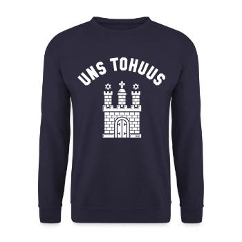 Uns Tohuus – Hamburg Wappen (Plattdeutsch) - Unisex Pullover - Navy - Vorne - Alina (178cm) & Michal (187cm)