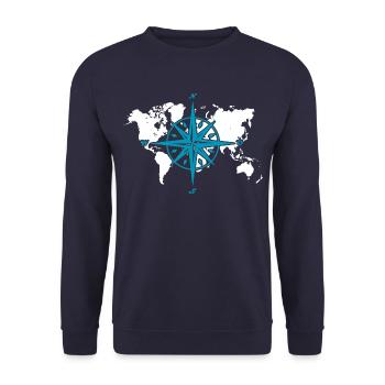 Windrose oder Kompassrose mit weißer Weltkarte - Unisex Pullover - Navy - Vorne - Alina (178cm) & Michal (187cm)
