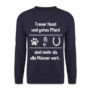 Reiten Pferdespruch treuer Hund gutes Pferd Männer - Unisex Pullover - Navy - Vorne - Alina (178cm) & Michal (187cm)