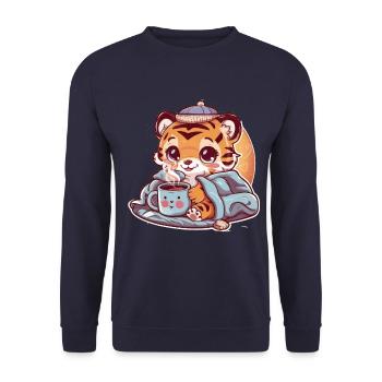 Kawaii Tiger with Cup and Blanket - Unisex Sweatshirt - navy - Front - Alina (178cm) & Michal (187cm)