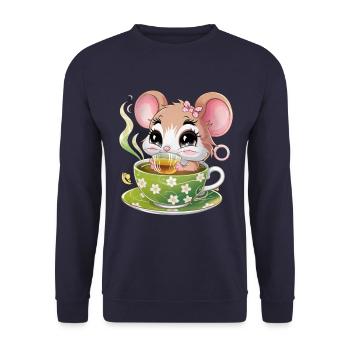 Cartoon Kawaii Maus trinkt grünen Tee - Unisex Pullover - Navy - Vorne - Alina (178cm) & Michal (187cm)