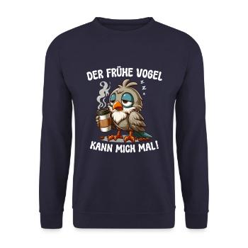 DER FRÜHE VOGEL KANN MICH MAL! KAFFEE TASSE SPRUCH - Unisex Pullover - Navy - Vorne - Alina (178cm) & Michal (187cm)