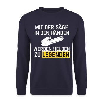 Mit Säge In Händen Helden Kettensäge Förster - Unisex Pullover - Navy - Vorne - Alina (178cm) & Michal (187cm)